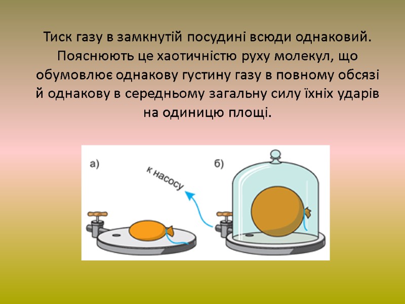 Тиск газу в замкнутій посудині всюди однаковий. Пояснюють це хаотичністю руху молекул, що обумовлює